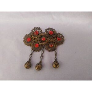 Vintage Filigree Brooch Pin With Red Stones & Dangling Orbs